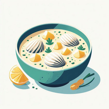 Creamy soup with dumplings and lemon. Vector illustration.のイラスト素材