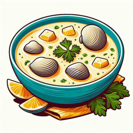 Illustration of a bowl of soup with clams and parsleyのイラスト素材