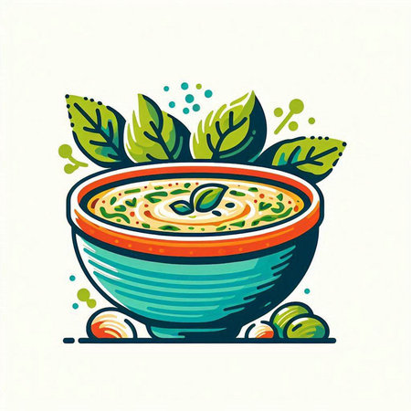 Vector illustration of a bowl of soup with olives and herbs.のイラスト素材
