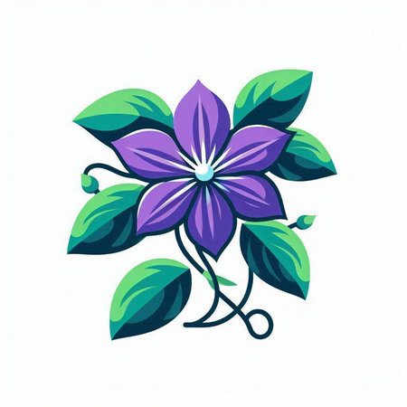 Illustration of a purple flower with green leaves on a white backgroundのイラスト素材