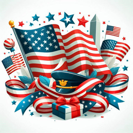 Patriotic background with USA flag and gift box. Vector illustration.のイラスト素材