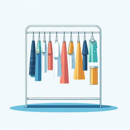 Clothes hanging on the rack. Vector illustration in flat style.のイラスト素材