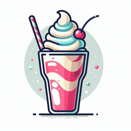 Milkshake with whipped cream and cherry. Vector illustration in flat styleのイラスト素材