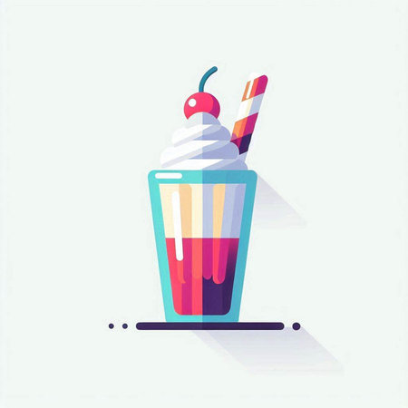 Milkshake with whipped cream and cherry in a glass. Vector illustration.のイラスト素材