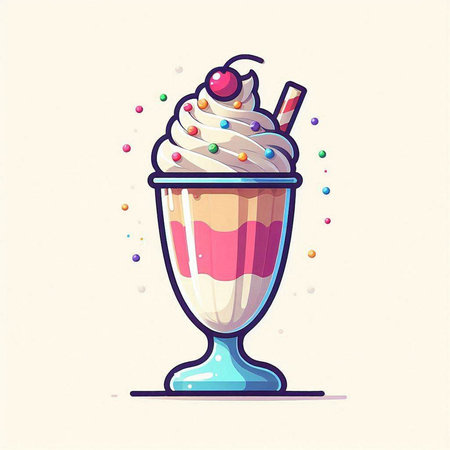 Tasty milkshake with whipped cream and cherry. Vector illustration.のイラスト素材