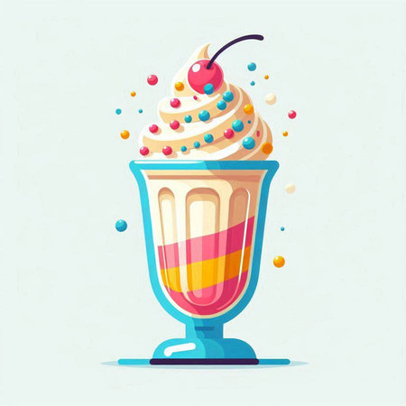 Vector illustration of milkshake with whipped cream, cherry and colorful sprinkles.のイラスト素材