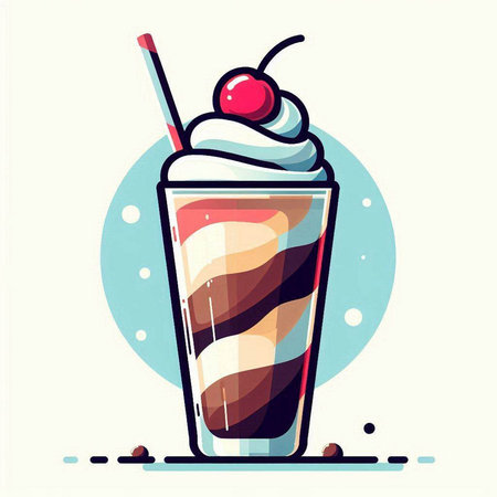 Milkshake with whipped cream, cherry and chocolate. Vector illustration.のイラスト素材