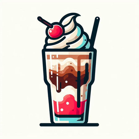 Milkshake with whipped cream and cherry in a glass. Vector illustration.のイラスト素材