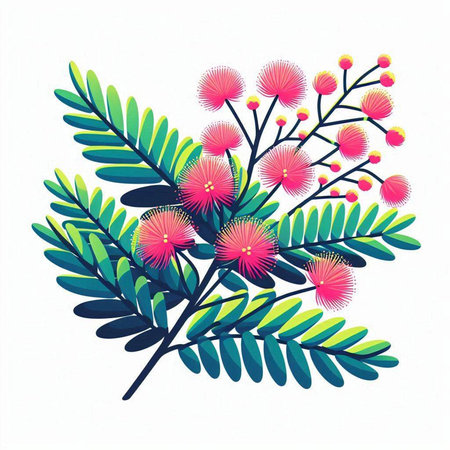 Flowering branch of mimosa isolated on white background. Vector illustration.のイラスト素材