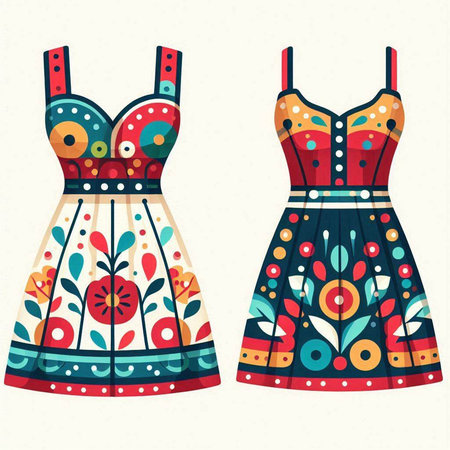 Women's dresses with floral ornament. Vintage style. Vector illustration.のイラスト素材
