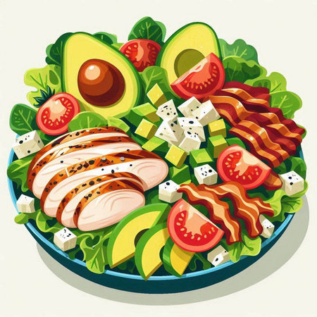 Salad with chicken, avocado, tomato and cheese. Vector illustration.のイラスト素材