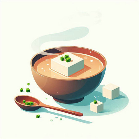Illustration of a bowl of tofu soup with a spoon and cubes of sugarのイラスト素材