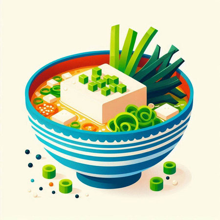 Japanese soup with tofu and vegetables in a bowl. Vector illustration.のイラスト素材
