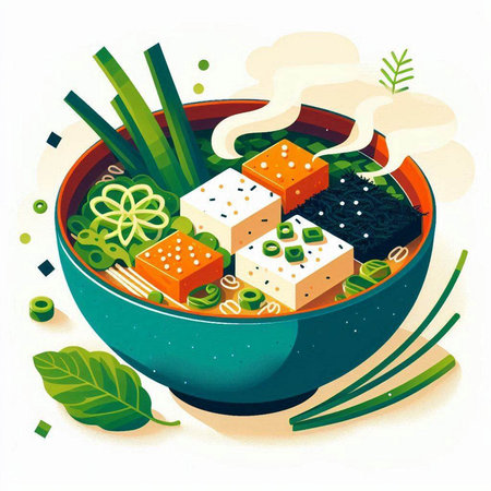 Illustration of a bowl of miso soup with vegetables and tofuのイラスト素材