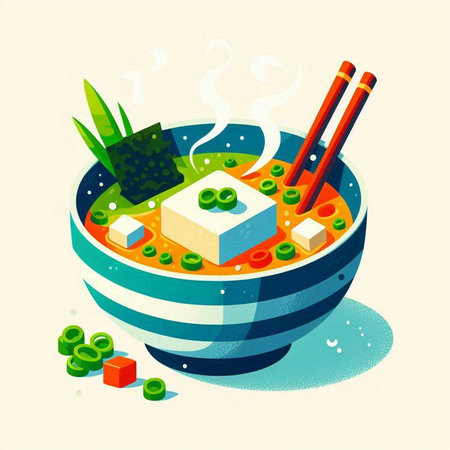 Bowl of miso soup with chopsticks. Vector illustration.のイラスト素材