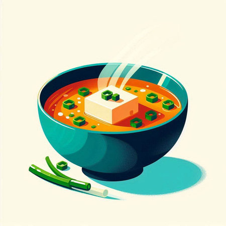 Soup with tofu and vegetables in a bowl. Vector illustration.のイラスト素材
