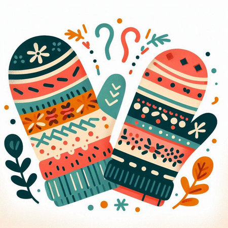 Hand drawn vector illustration of two knitted mittens. Scandinavian style.のイラスト素材
