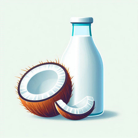 Coconut milk in a bottle and a coconut on a white backgroundのイラスト素材