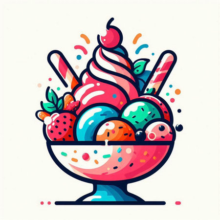 Ice cream in bowl with fruits and berries. Hand drawn vector illustration.のイラスト素材