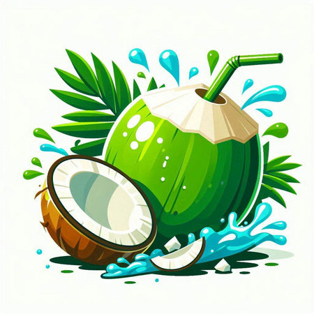 Coconut drink with green leaf and splashes. Vector illustration.のイラスト素材