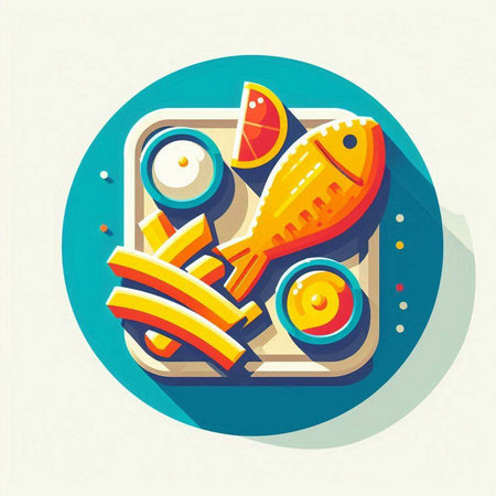 Illustration of fish and vegetables on a plate in flat design styleのイラスト素材