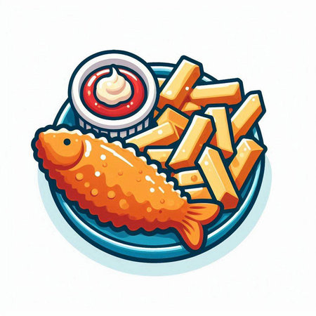 Fried fish with ketchup and mayonnaise, vector illustrationのイラスト素材