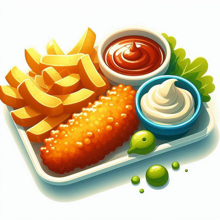 Illustration of fish and chips with mayonnaise and ketchupのイラスト素材