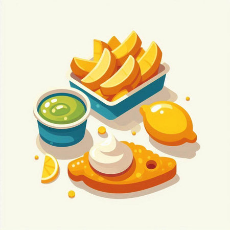 Vector illustration of potato chips, sauce, lemon and mayonnaiseのイラスト素材