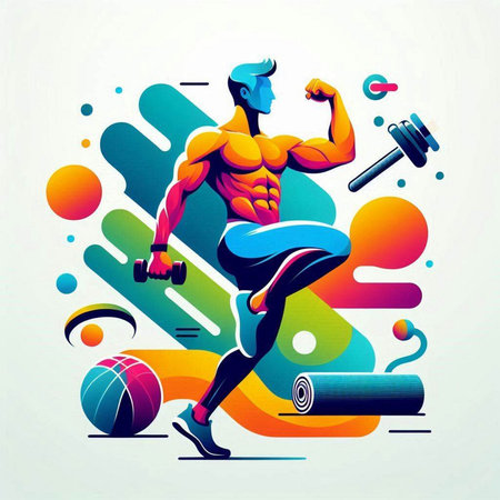 Vector illustration of a man doing fitness exercises with a dumbbell.のイラスト素材