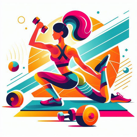 Sporty woman doing exercises with dumbbells. Vector illustration.のイラスト素材
