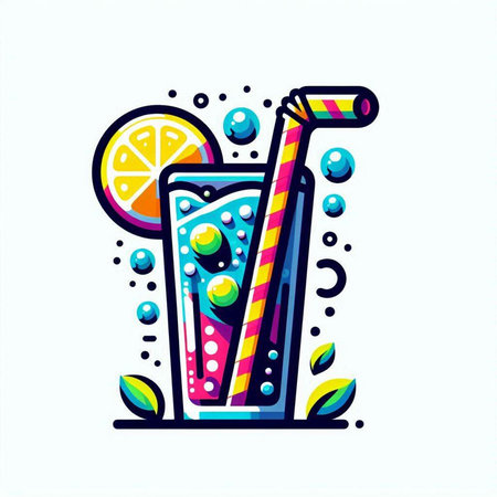 Colorful vector illustration of a glass of water with a straw and a slice of orange.のイラスト素材
