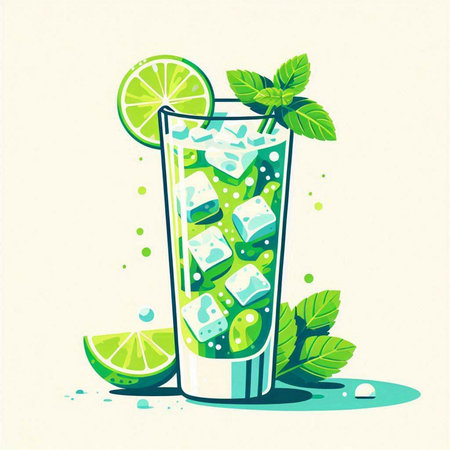 Cocktail with lime, mint and ice. Vector illustration.のイラスト素材