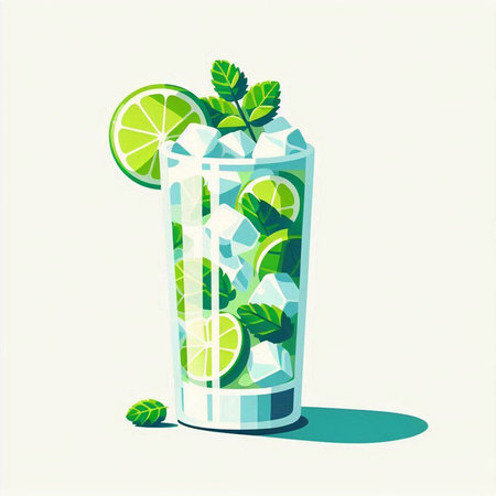 Mojito cocktail with lime, mint and ice. Vector illustration.のイラスト素材