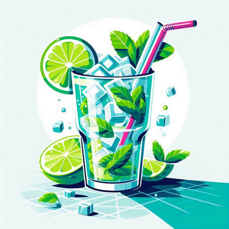 Cocktail with lime, mint and ice. Vector illustration.のイラスト素材