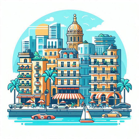 Cityscape with buildings and streets. Vector illustration in flat style.のイラスト素材