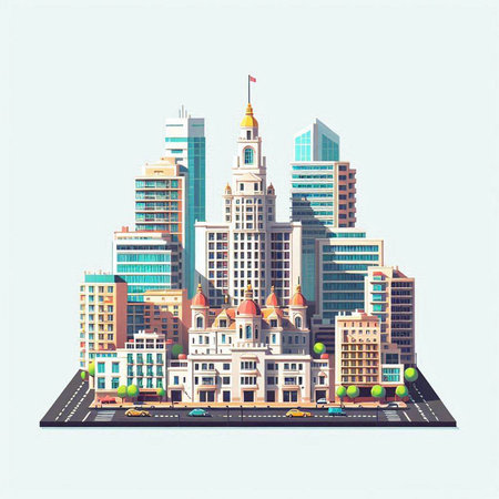 Modern city. Urban landscape with skyscrapers and buildings. Vector illustration.のイラスト素材