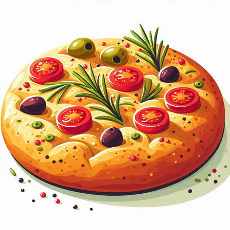 Illustration of a pizza with olives, tomatoes and rosemaryのイラスト素材