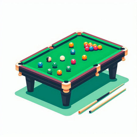 Pool table with balls and cue isolated on white background. Vector illustration.のイラスト素材