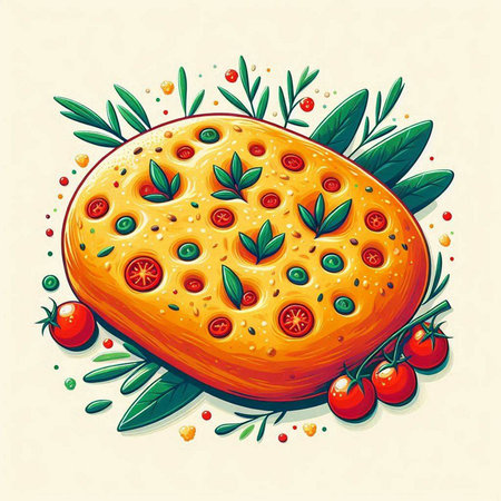 Vector illustration of pizza with tomatoes, olives, cheese and herbsのイラスト素材