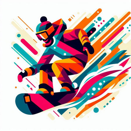 Snowboarder in action, vector illustration. Abstract colorful background.のイラスト素材