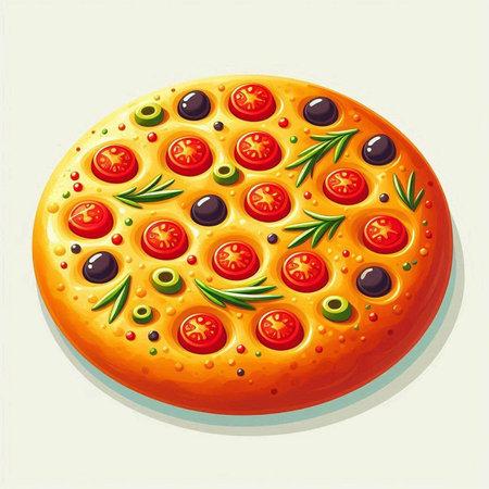 Pizza with olives and tomatoes. Vector illustration. Eps 10のイラスト素材