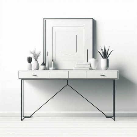 Interior of modern living room with white walls, wooden floor, comfortable white table with mirror and vase. 3d renderのイラスト素材