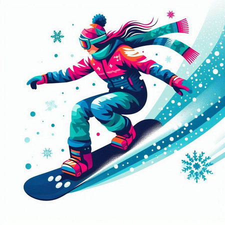 Snowboarder jumping with snowflakes background. Vector illustration.のイラスト素材