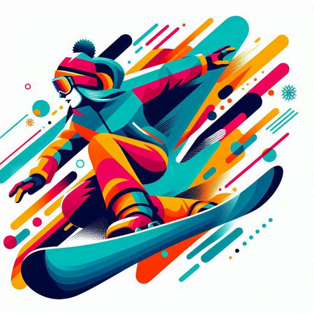 Vector illustration of snowboarder on abstract background with colorful shapes.のイラスト素材