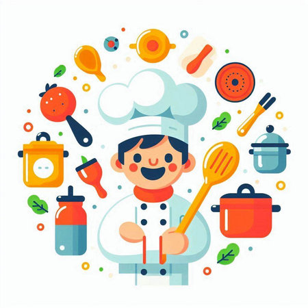 Chef with cooking tools. Vector illustration in flat cartoon style.のイラスト素材