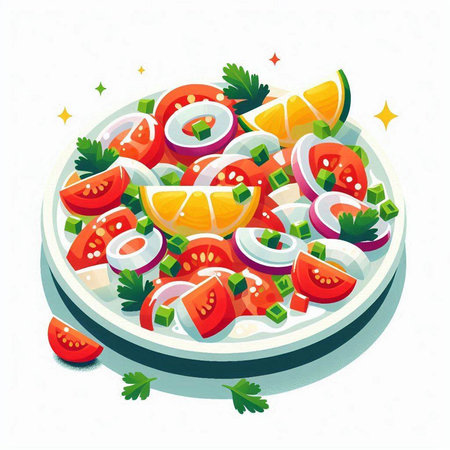 Salad with tomato, onion, cucumber and parsley. Vector illustration.のイラスト素材