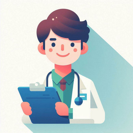 Doctor with stethoscope and clipboard. Vector illustration in flat styleのイラスト素材
