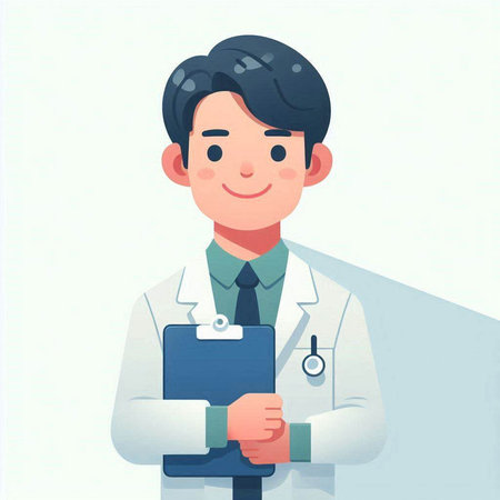 Male doctor with stethoscope and clipboard. Vector illustration in cartoon styleのイラスト素材