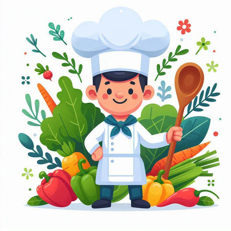 Cute cartoon chef boy with vegetables. Vector illustration in flat styleのイラスト素材