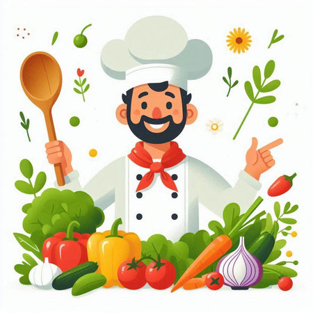 Chef with fresh vegetables. Vector illustration in flat cartoon style.のイラスト素材